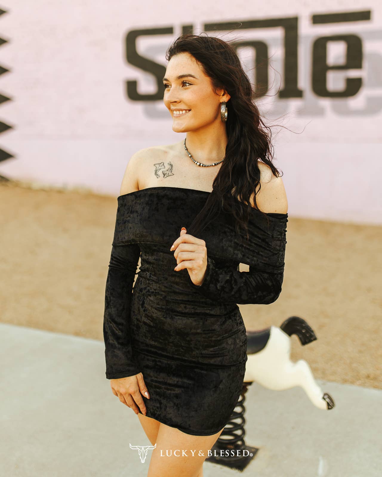 Black Velvet Long Sleeve Overlap Strapless Dress
