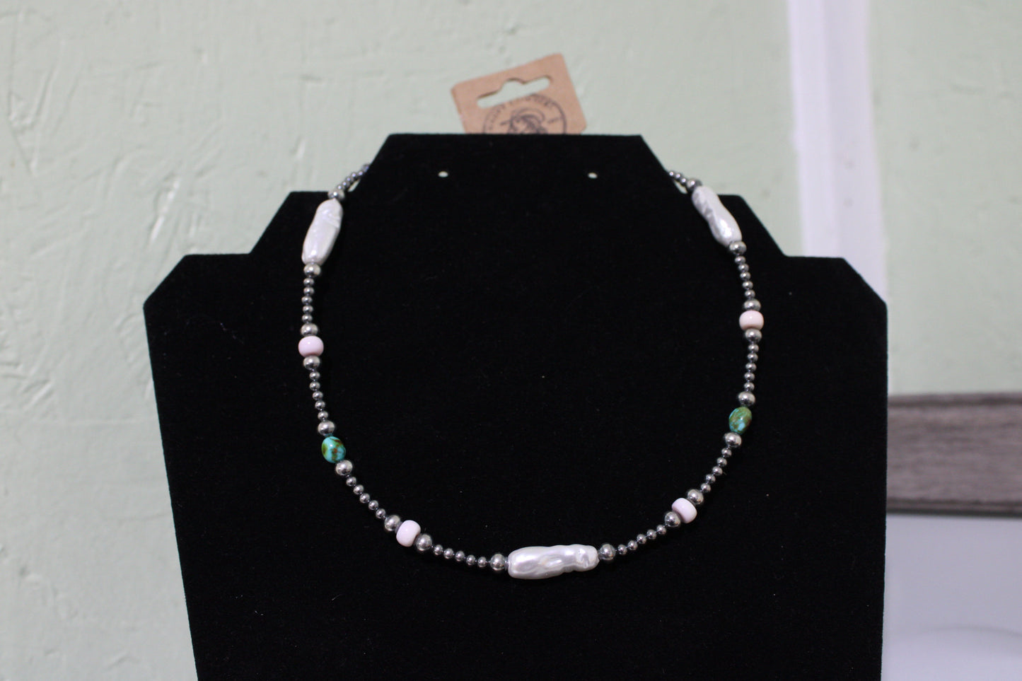 Sonoran gold turquoise/ pink conch/ freshwater pearl necklace