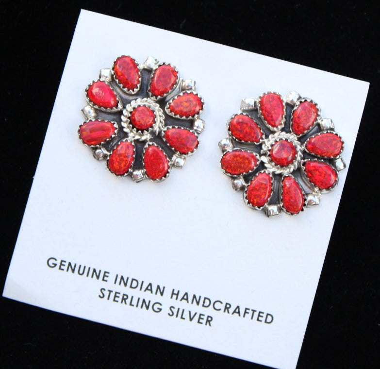 Red opal & Sterling silver cluster earrings