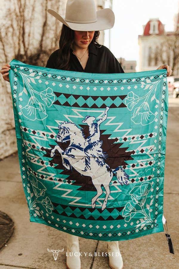 Teal Aztec Horse Printed Wild Rag-lucky & blessed