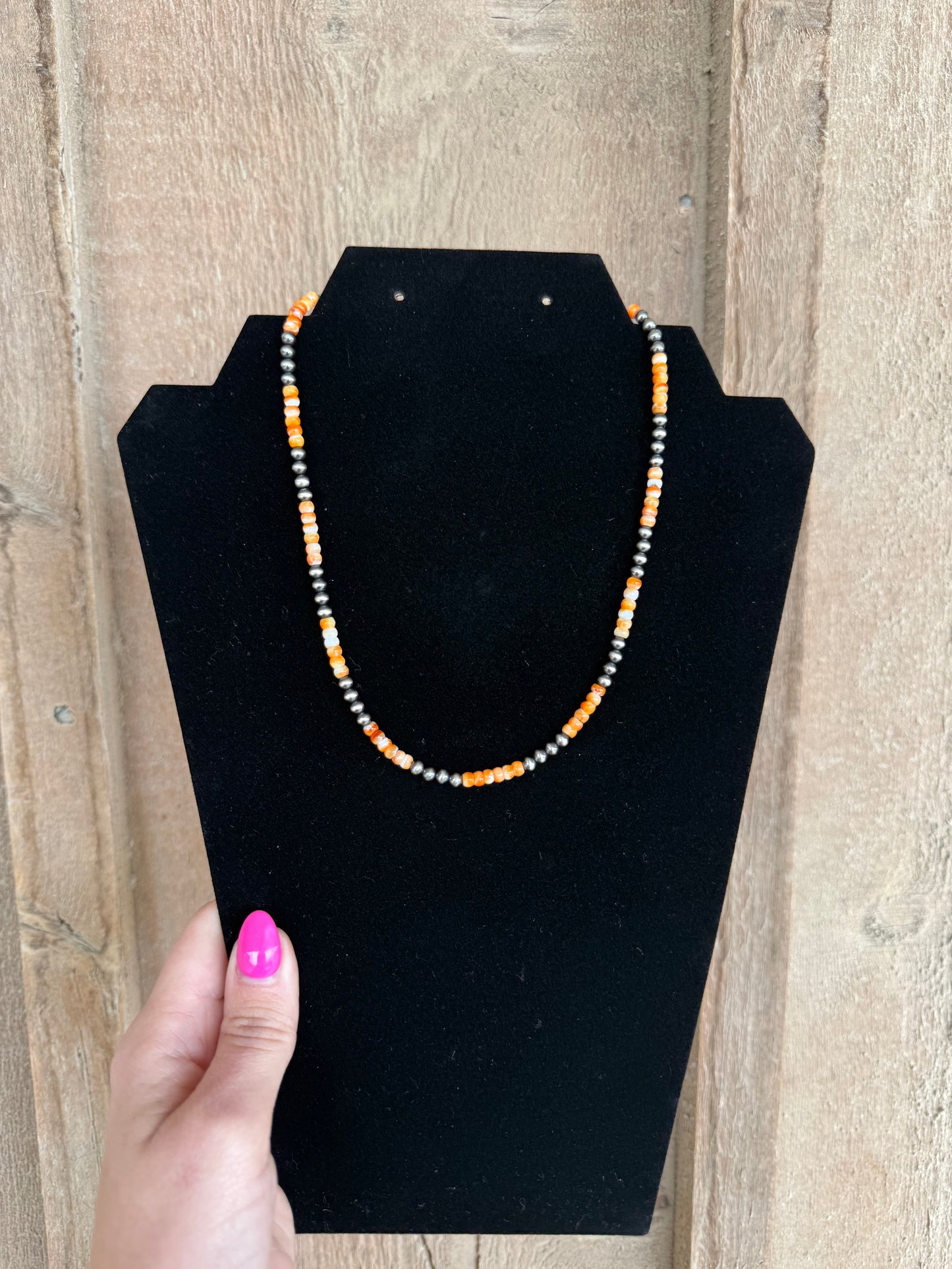 14.5” spiny oyster & Sterling silver pearl necklace