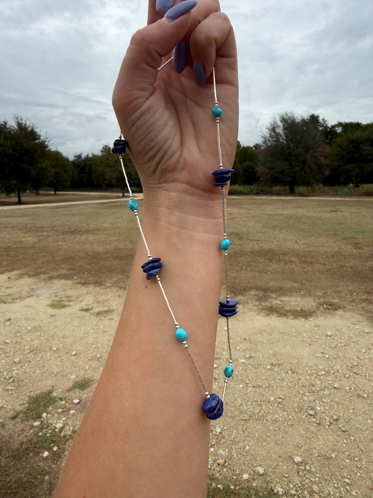 Lapis & turquoise liquid silver necklace 16”