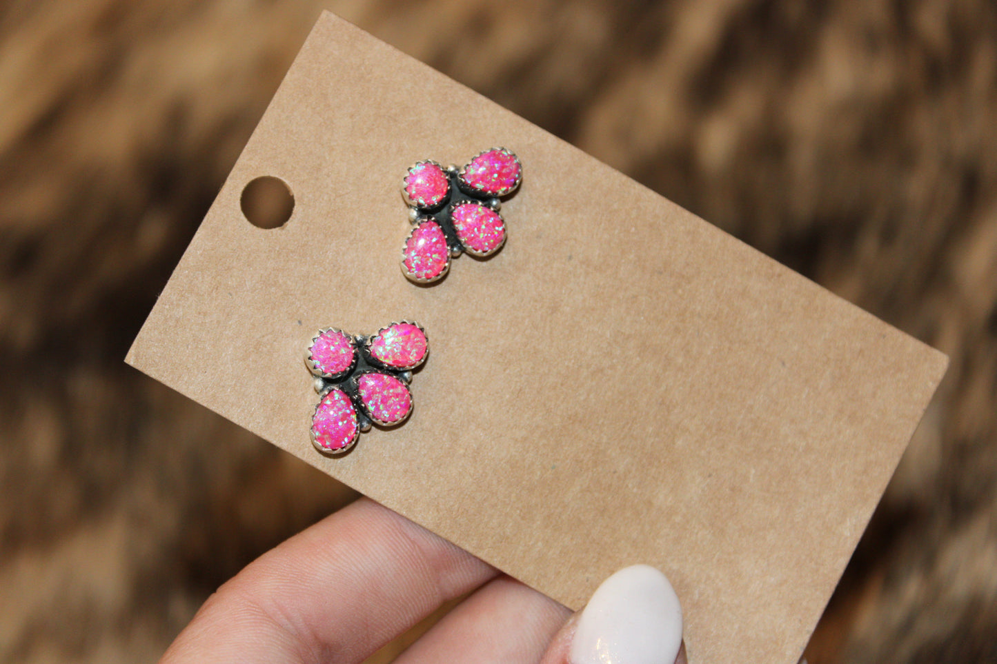 Hot Pink Fire Opal & Sterling Silver 4 stone earrings
