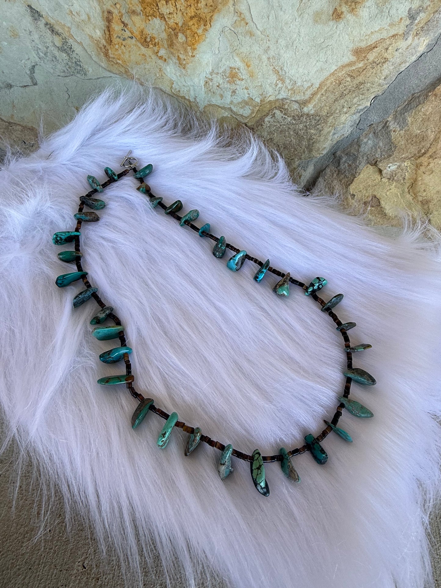 24 inch long shell and turquoise necklace