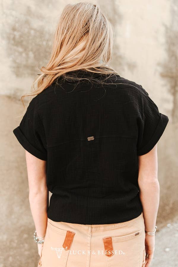 A Black Textured Cotton Button Down Short Sleeve Shirt