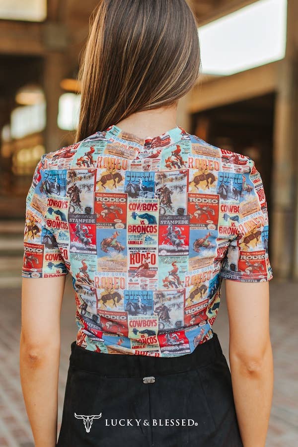 A Rodeo Collage Short Sleeve Mesh Top