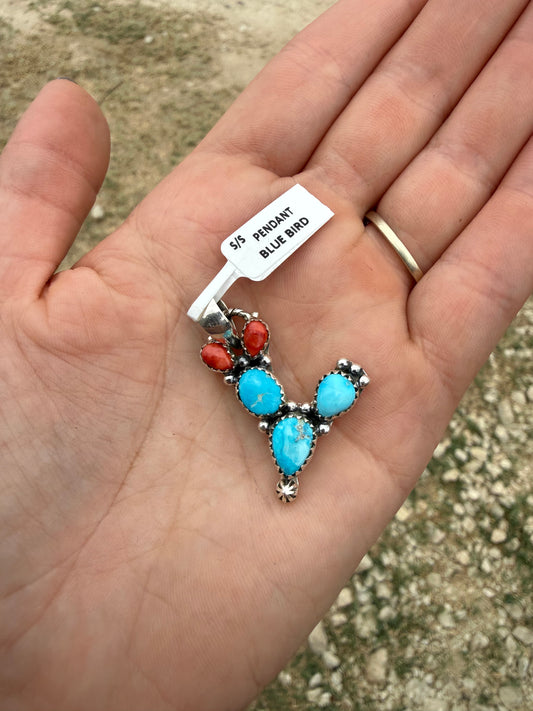 Blue bird/ red spiny oyster cactus pendant