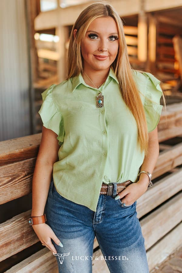 A Pistachio Collared Button Down Ruffle Short Sleeve Top