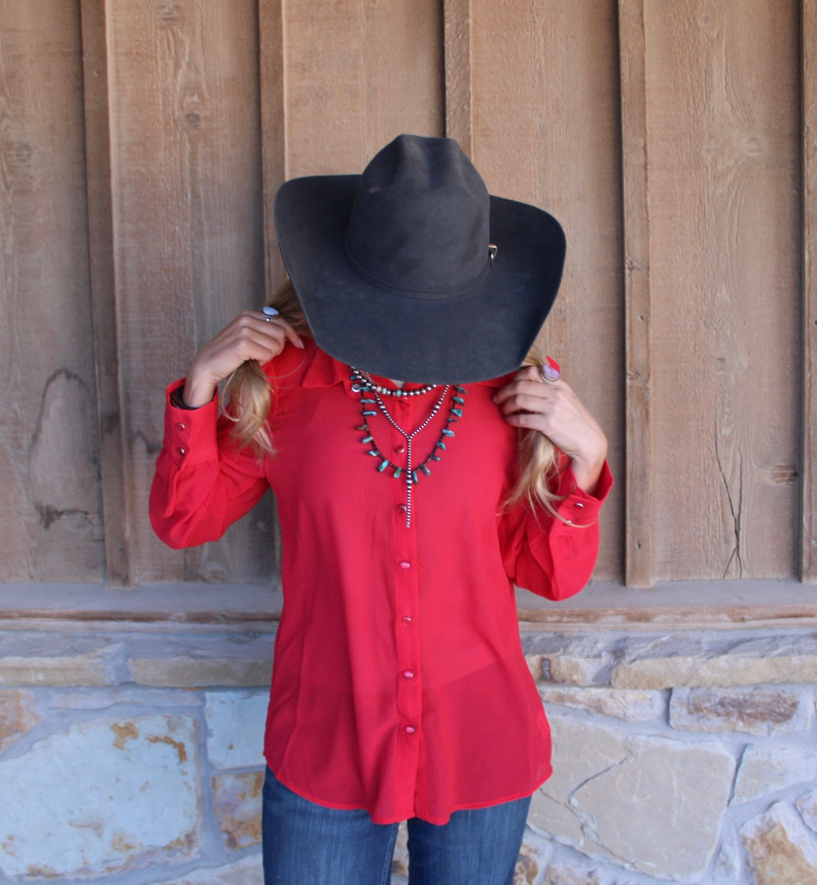 A Red Chiffon Button Down Pearl Snap Puff Collared Shirt