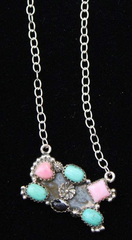 Multi stone necklace-pink conch, Kingman turquoise, white buffalo