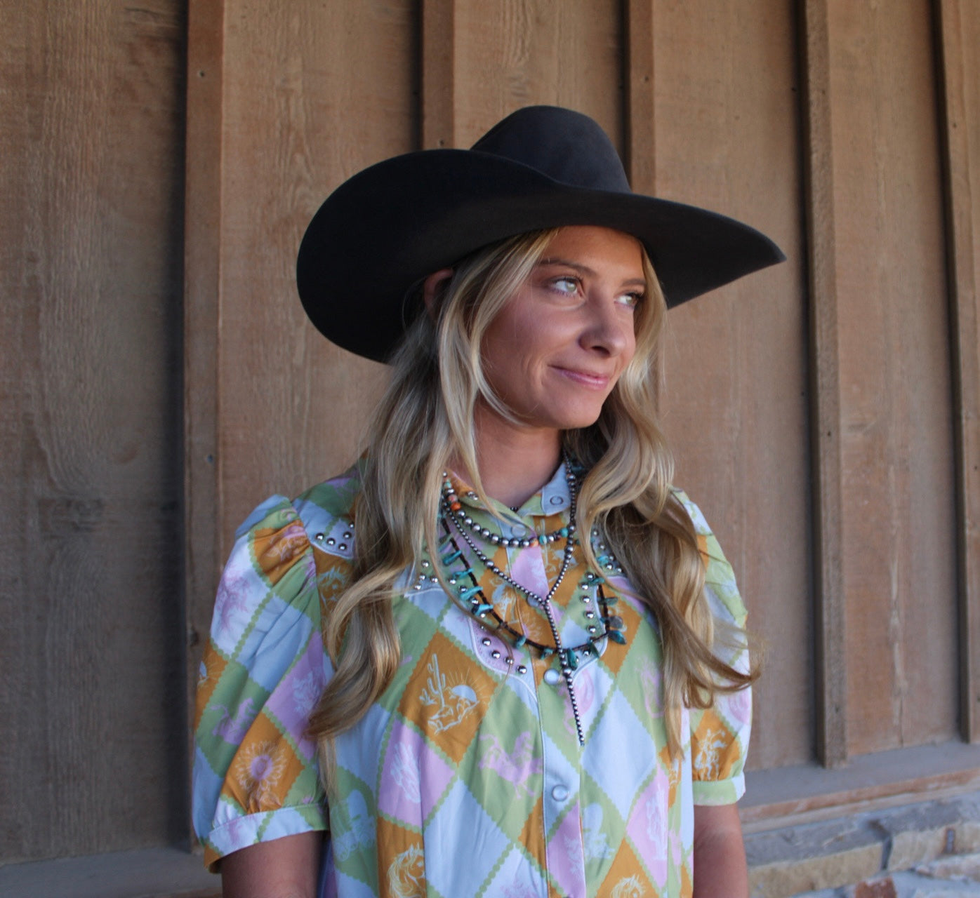 A Checkered Western Printed Puff Sleeve Shirt