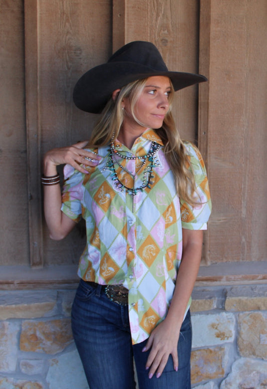 A Checkered Western Printed Puff Sleeve Shirt