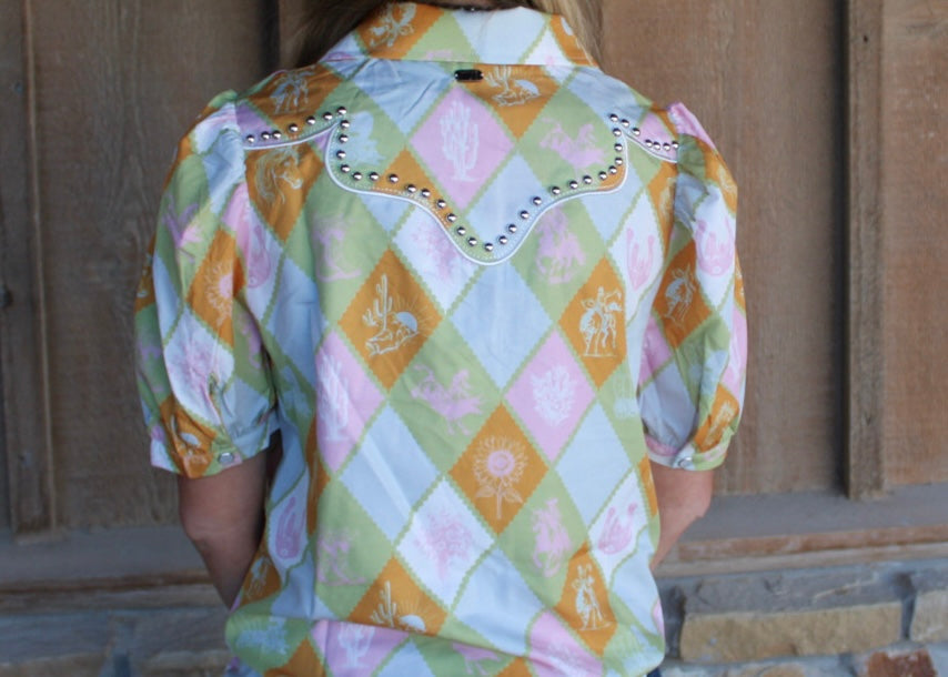 A Checkered Western Printed Puff Sleeve Shirt