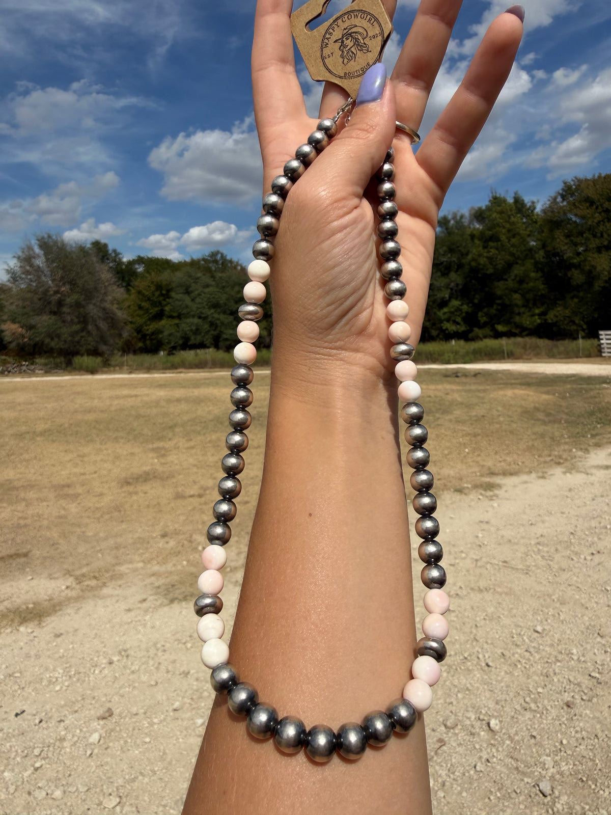 Pink Conch & Sterling Silver Necklace – 8 mm Pearls – 19 Inch + Extender
