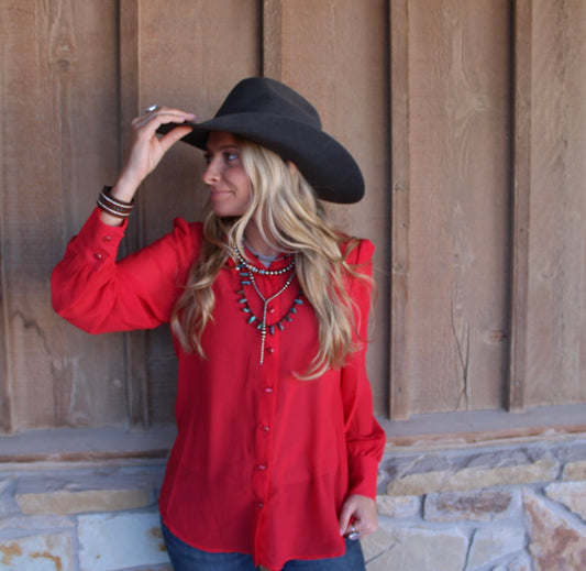 A Red Chiffon Button Down Pearl Snap Puff Collared Shirt