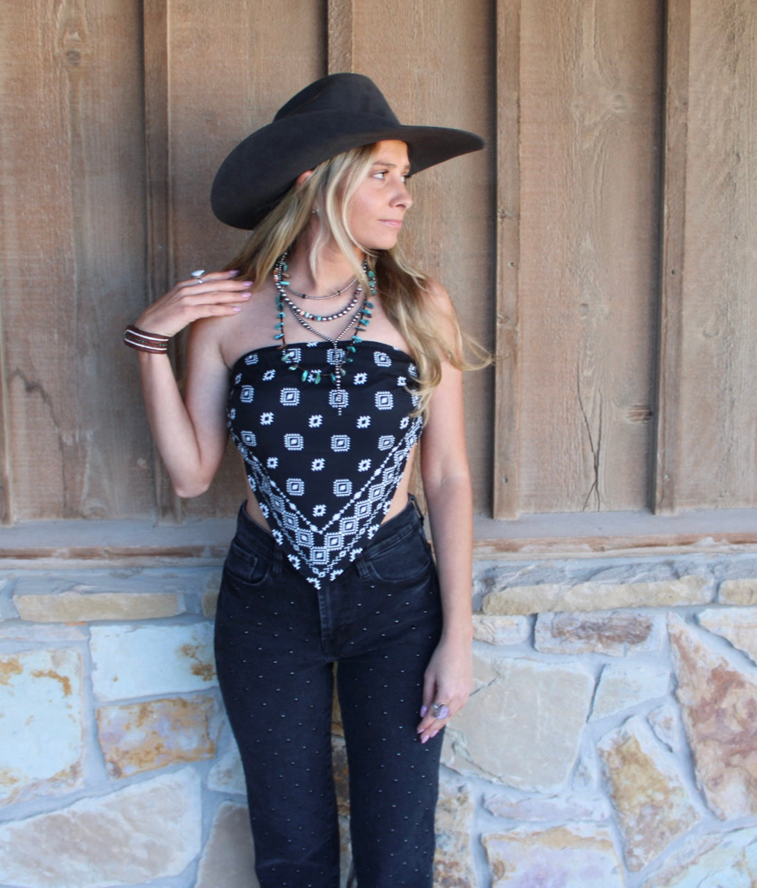 A BLACK Aztec Printed Strapless Bandana Corset Top- lucky & blessed