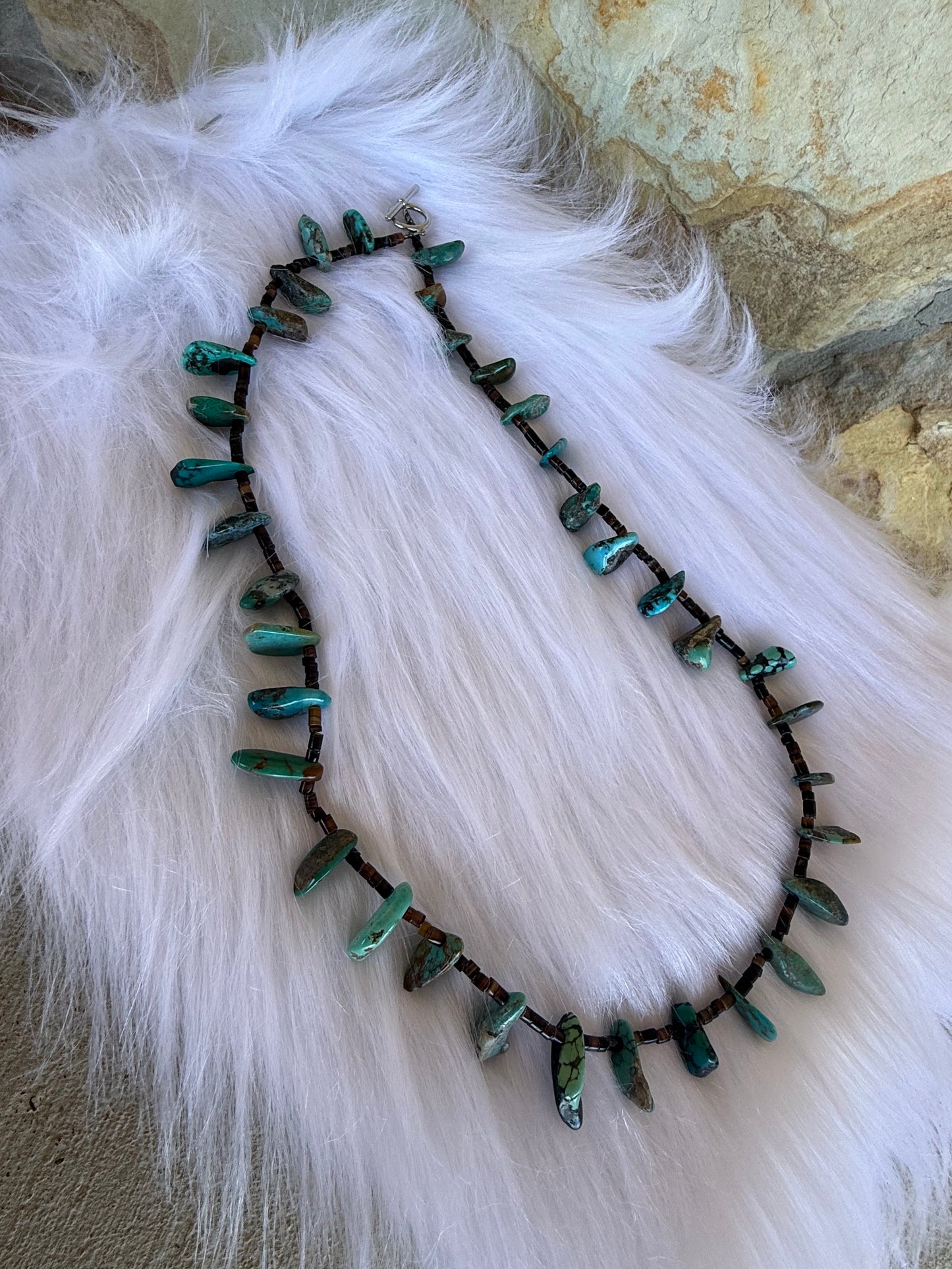24 inch long shell and turquoise necklace