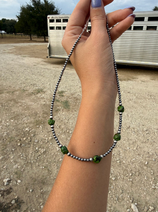 Green Nugget Turquoise & Sterling Silver Pearl Necklace