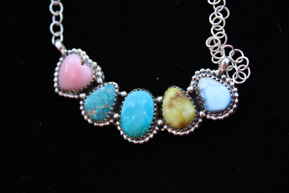 Multi stone necklace- golden hills, Kingman, pink conch
