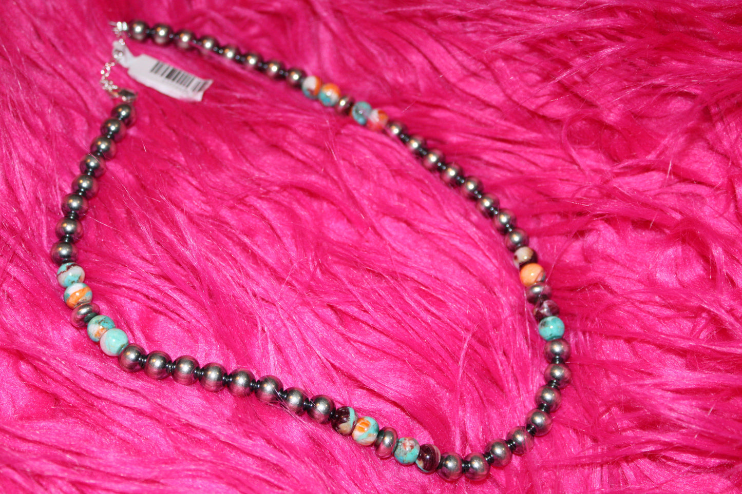Mohave Turquoise Mix & Sterling Silver Necklace – 8 mm Beads – 19 Inch + Extender