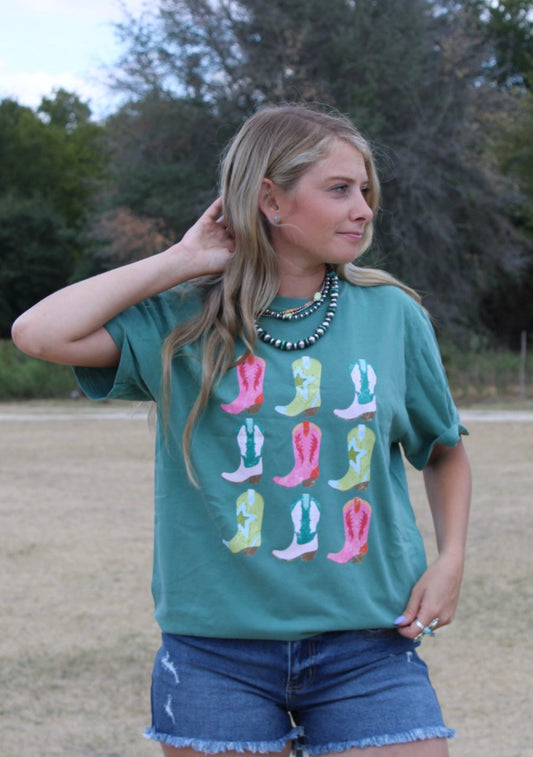 Cowgirl Boots Collage Pink Green | Western | Tee