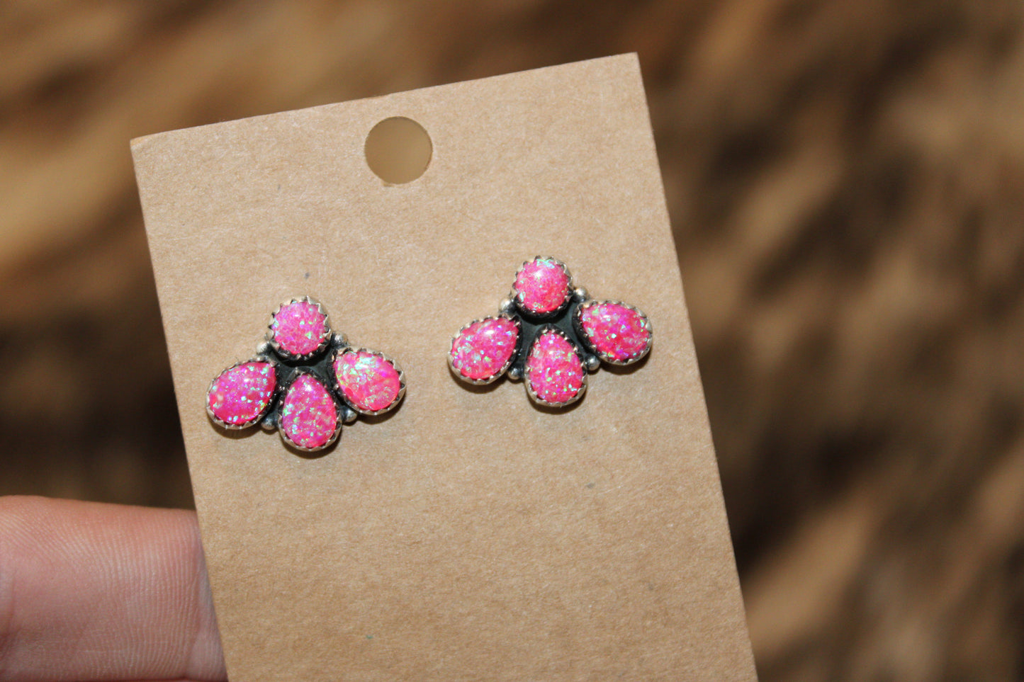 Hot Pink Fire Opal & Sterling Silver 4 stone earrings