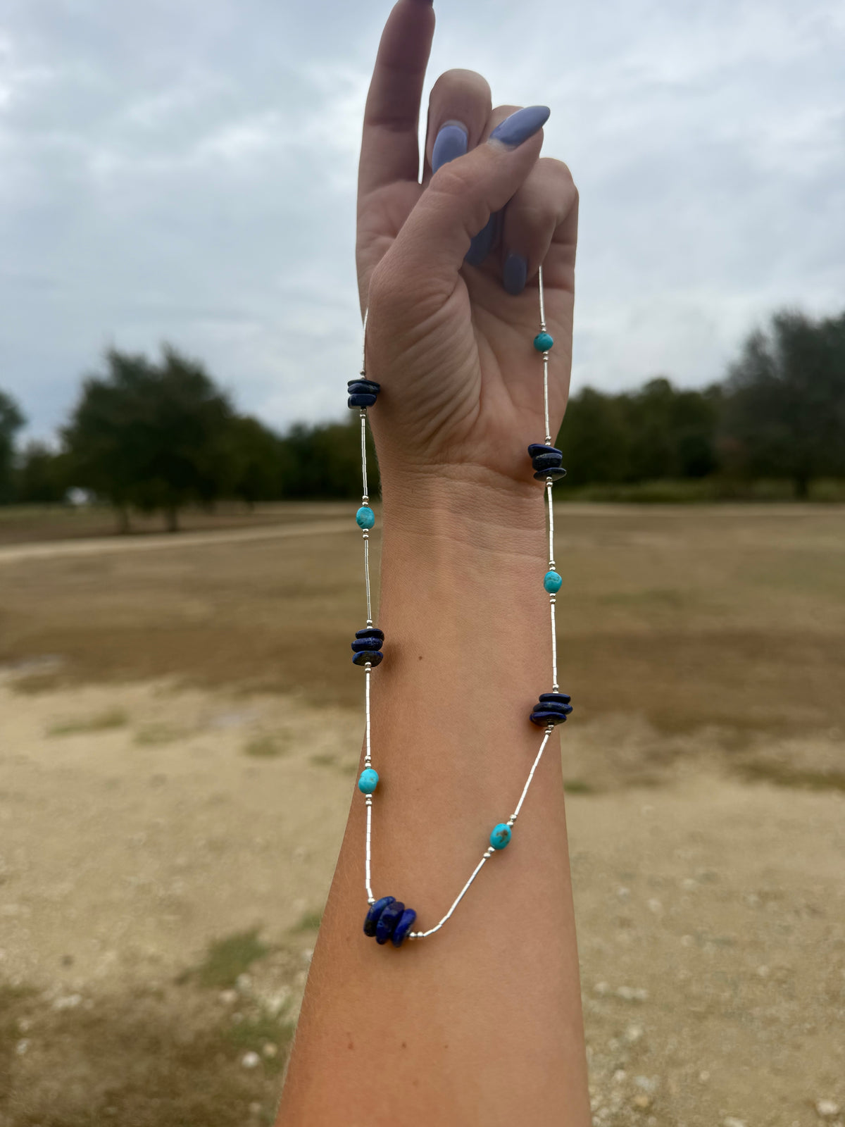 Lapis & turquoise liquid silver necklace 16”