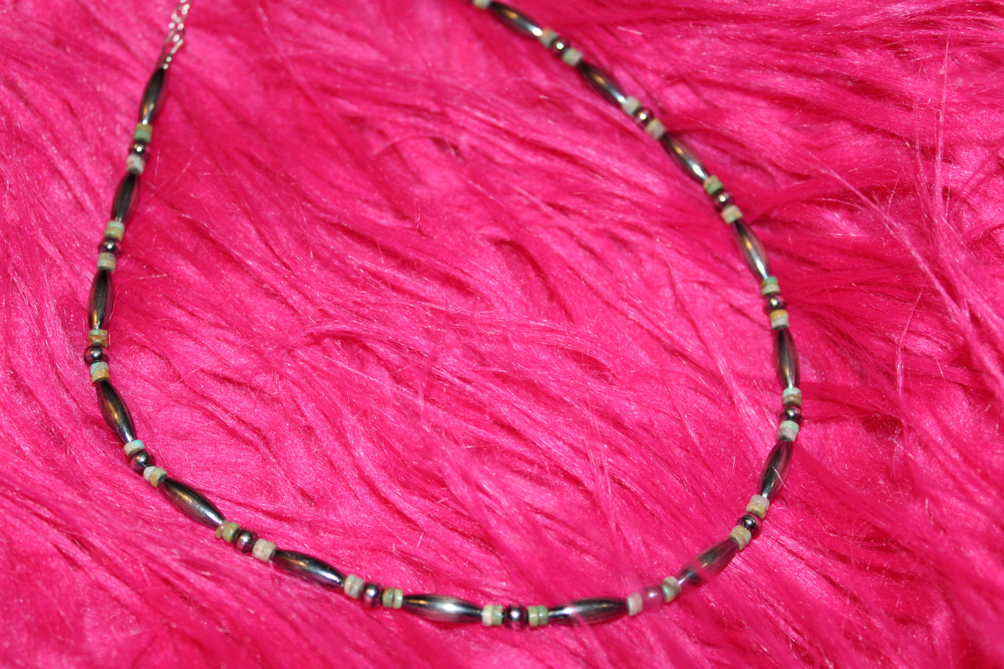 14.5" Torpedo Bead Choker – Sterling Silver Pearls & Green Turquoise