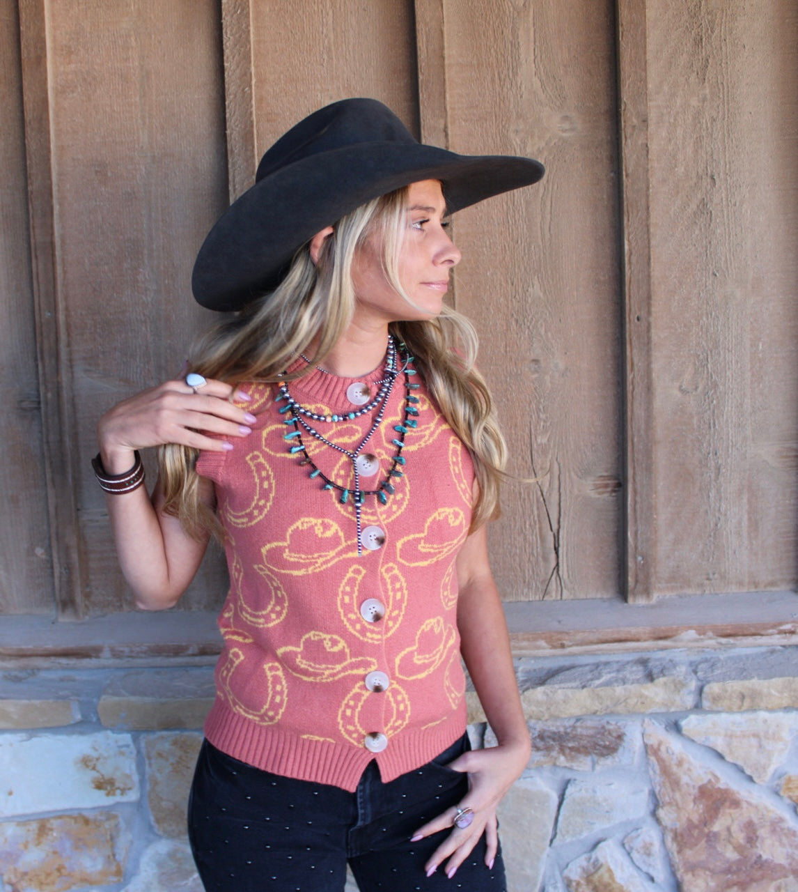 A Camel Western Contrast Knit Sleevelss Button Down Shirt