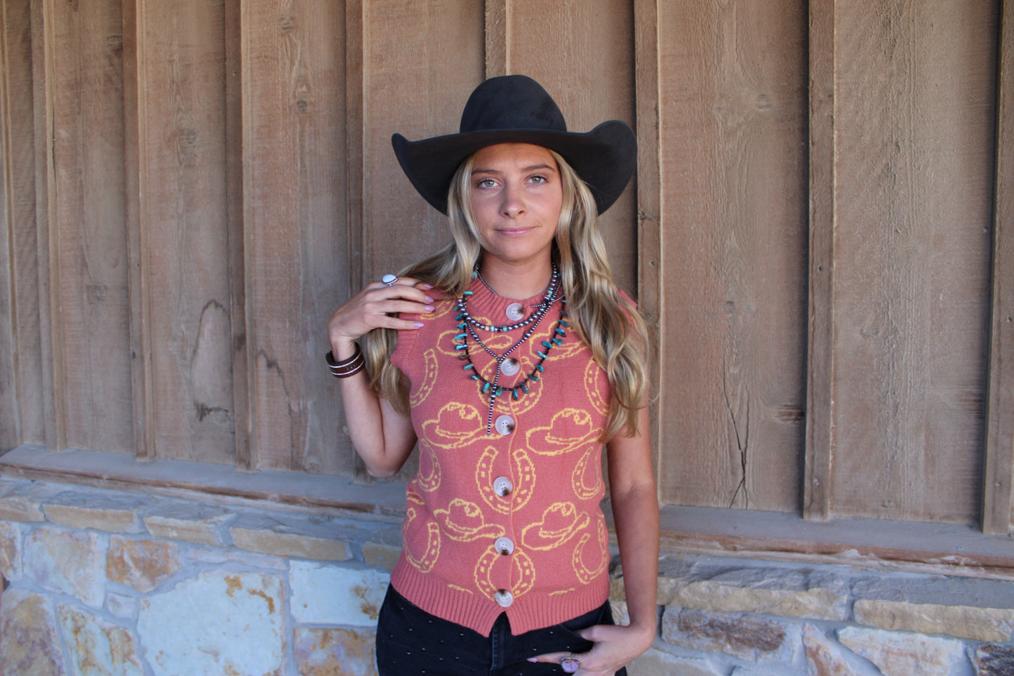 A Camel Western Contrast Knit Sleevelss Button Down Shirt