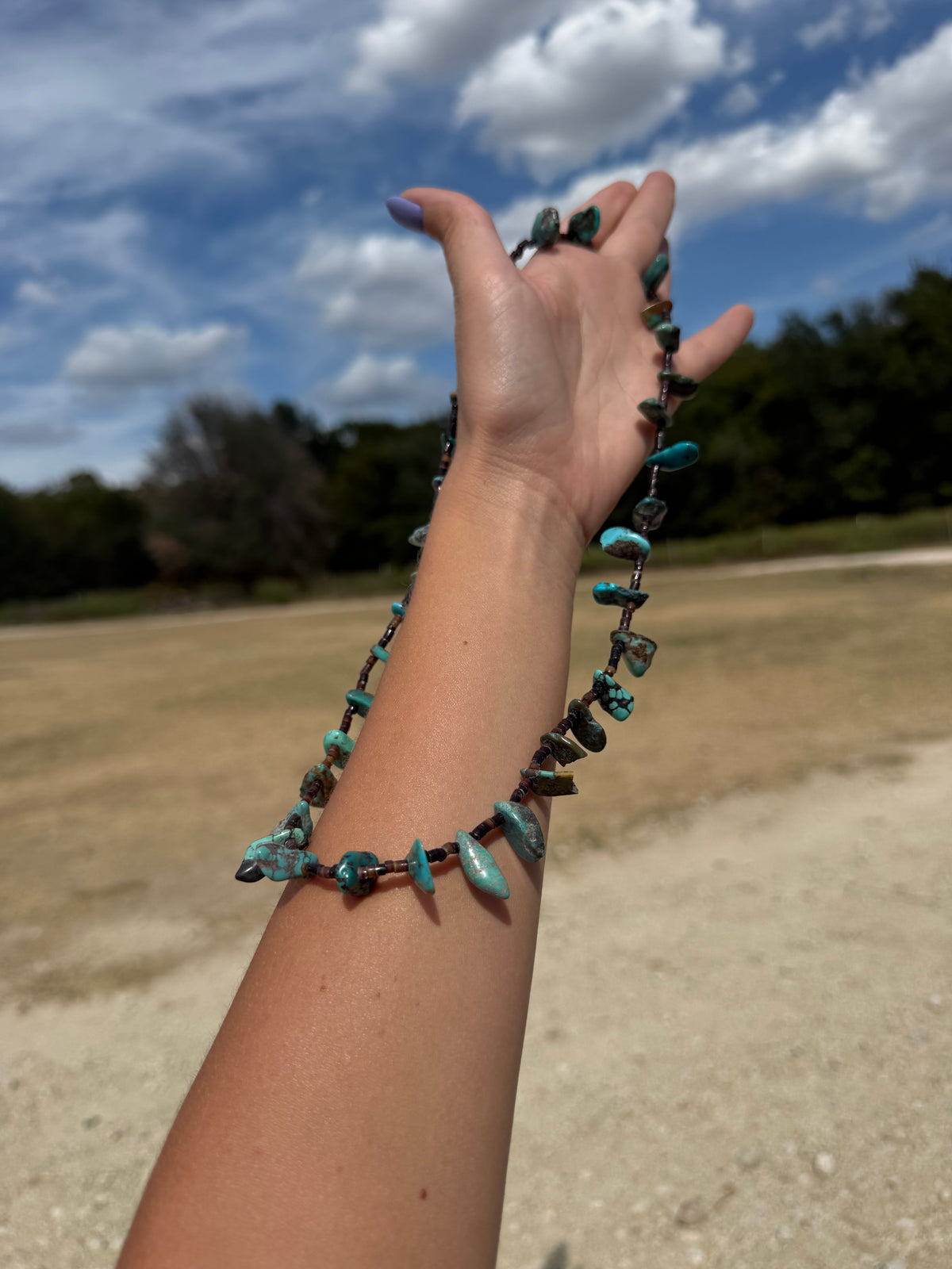 24 inch long shell and turquoise necklace