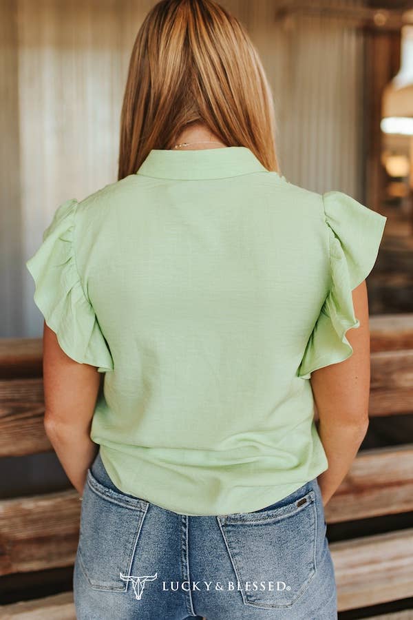 A Pistachio Collared Button Down Ruffle Short Sleeve Top