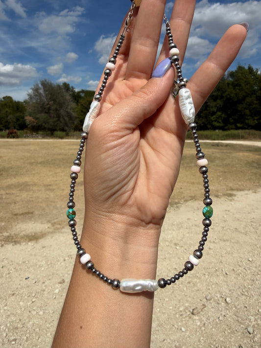 Sonoran gold turquoise/ pink conch/ freshwater pearl necklace