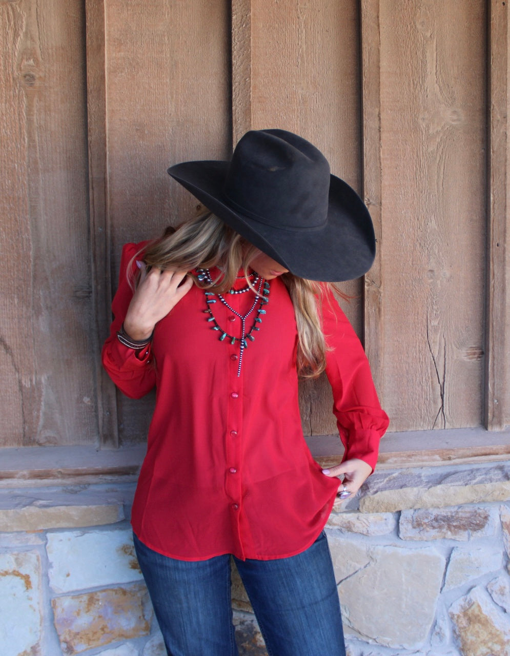 A Red Chiffon Button Down Pearl Snap Puff Collared Shirt