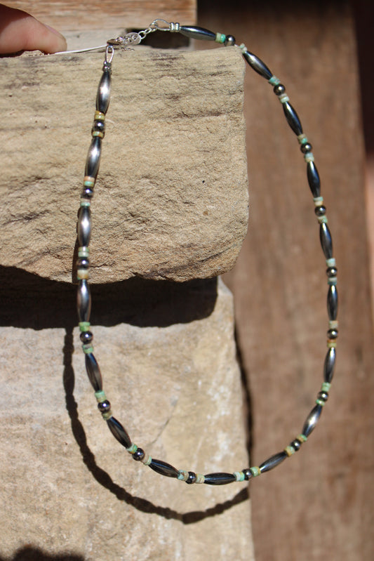 14.5" Torpedo Bead Choker – Sterling Silver Pearls & Green Turquoise