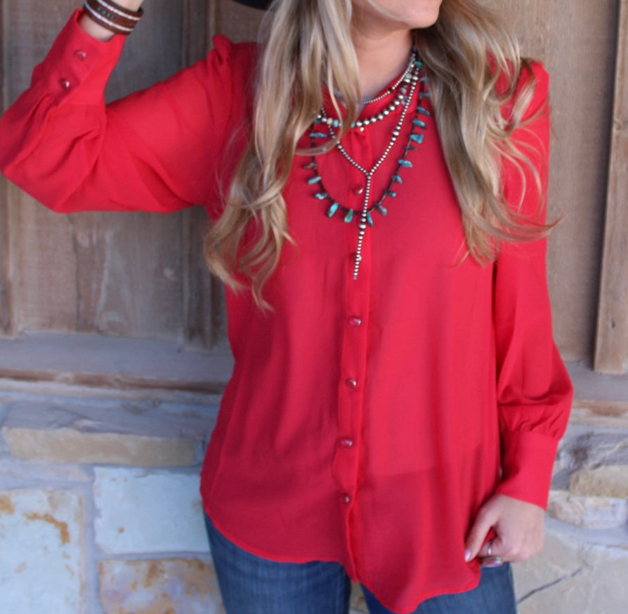 A Red Chiffon Button Down Pearl Snap Puff Collared Shirt