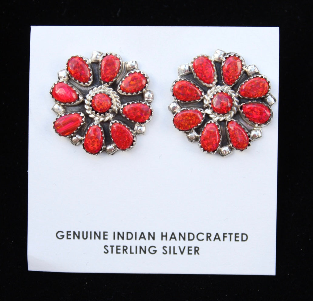 Red opal & Sterling silver cluster earrings