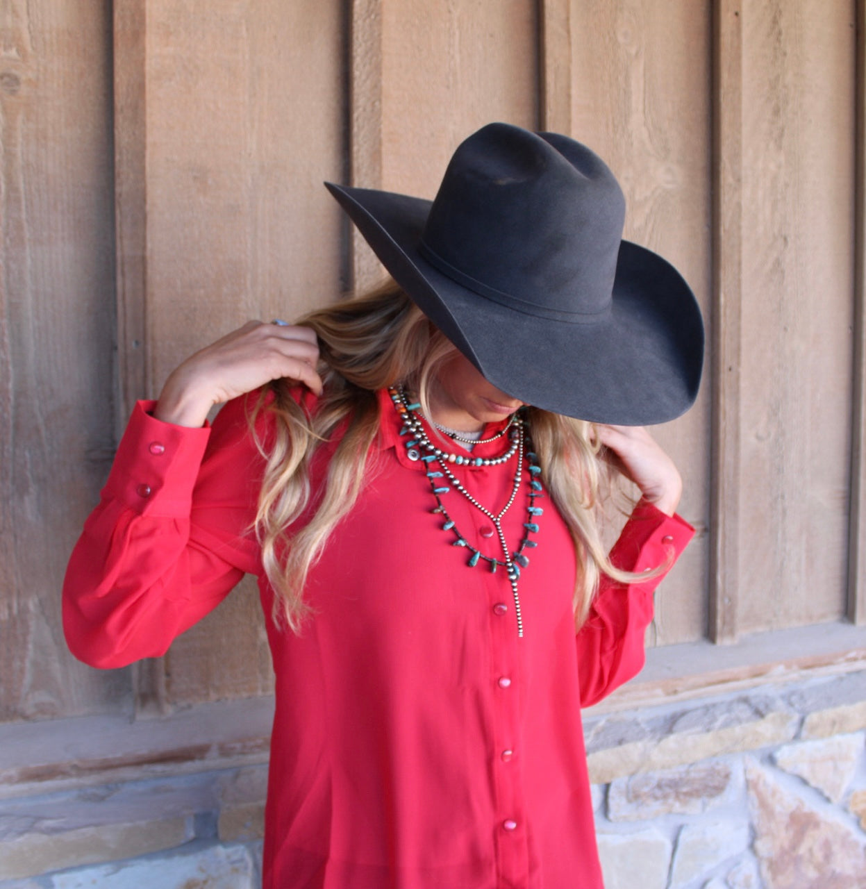 A Red Chiffon Button Down Pearl Snap Puff Collared Shirt