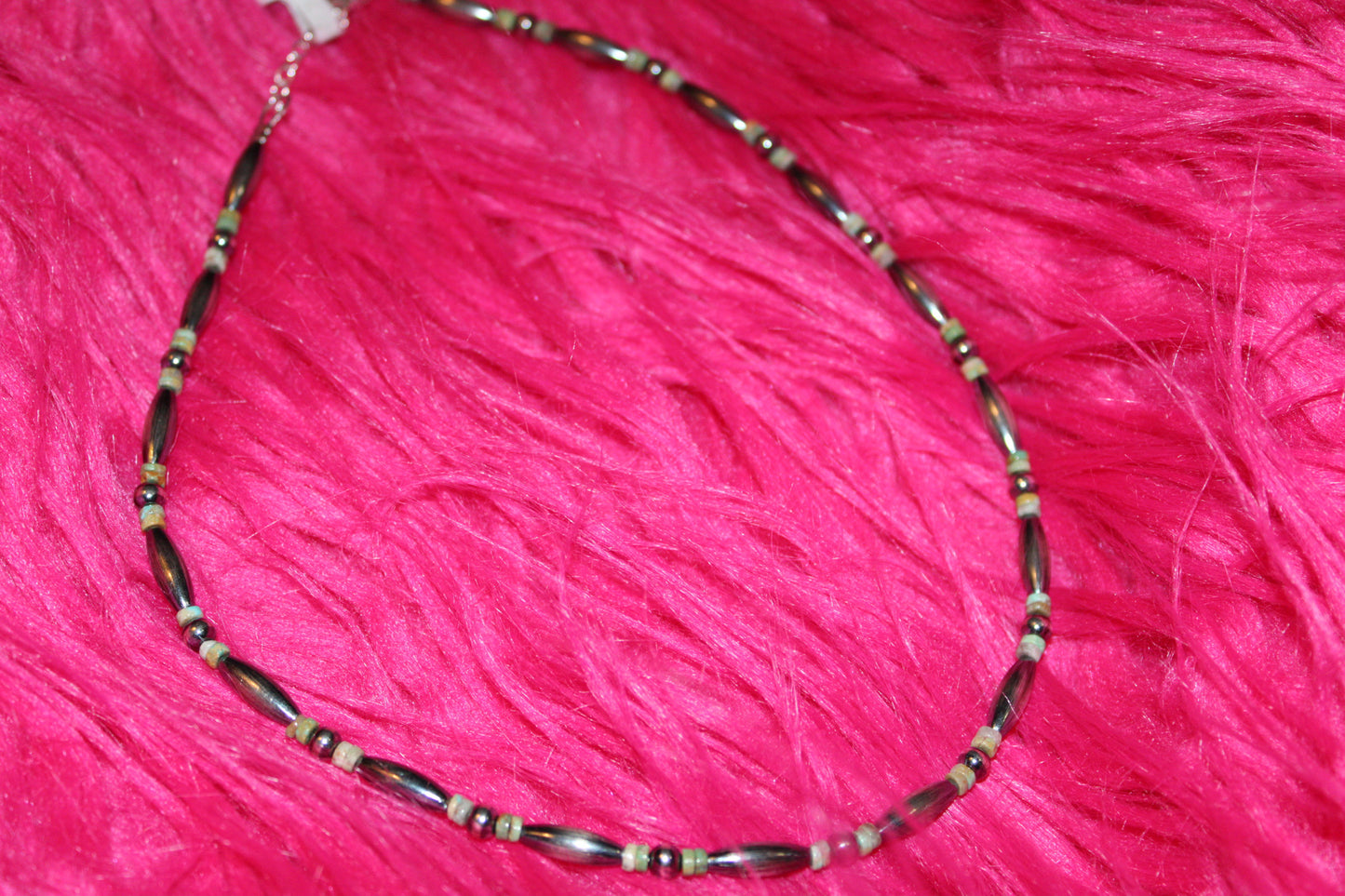 14.5" Torpedo Bead Choker – Sterling Silver Pearls & Green Turquoise