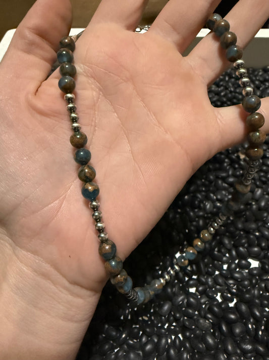 14” Sterling silver pearls & denim blue agate choker