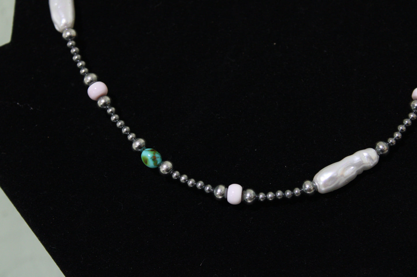 Sonoran gold turquoise/ pink conch/ freshwater pearl necklace