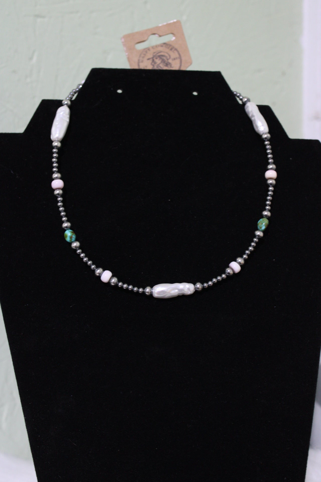 Sonoran gold turquoise/ pink conch/ freshwater pearl necklace
