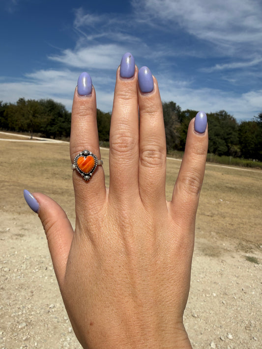 Orange Spiny Oyster adjustable heart ring