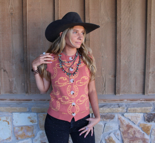 A Camel Western Contrast Knit Sleevelss Button Down Shirt