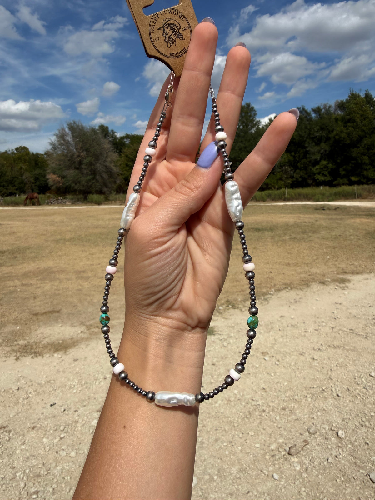 Sonoran gold turquoise/ pink conch/ freshwater pearl necklace