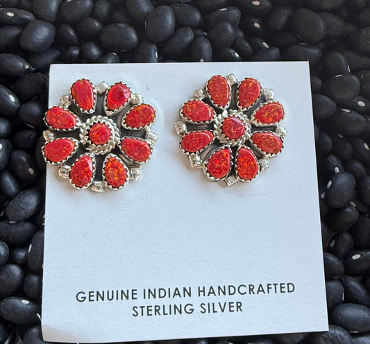 Red opal & Sterling silver cluster earrings