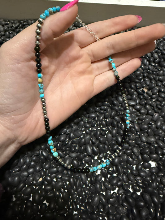 14” Sterling silver pearls & Sonoran gold turquoise & black onyx choker