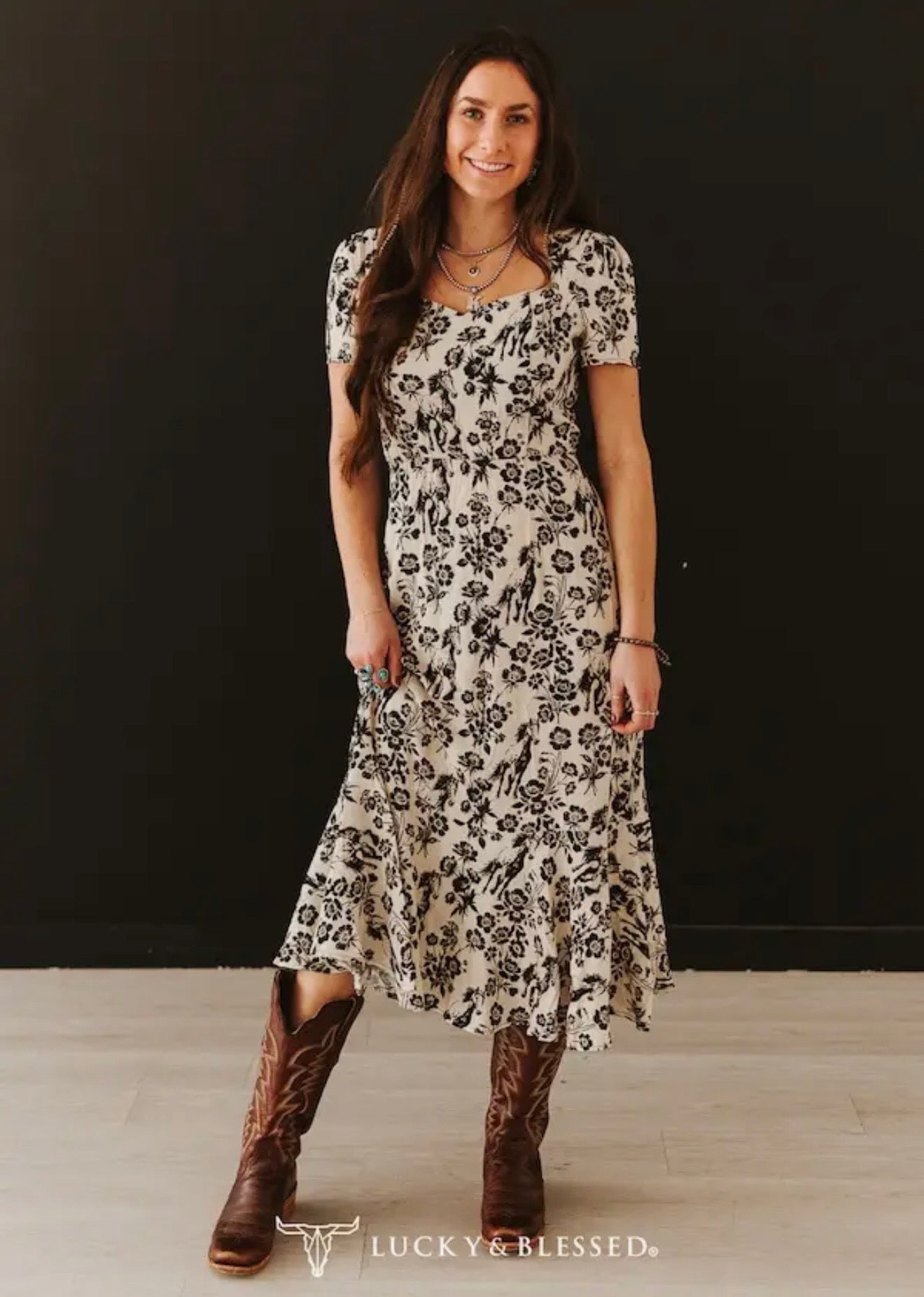 Floral Cream Ruffle Hem short sleeve western dress