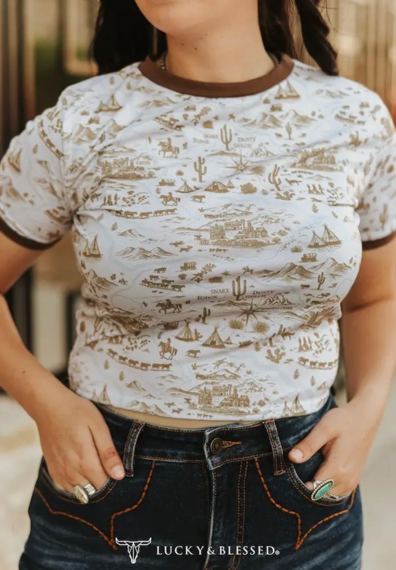 Western printed brown contrast tee