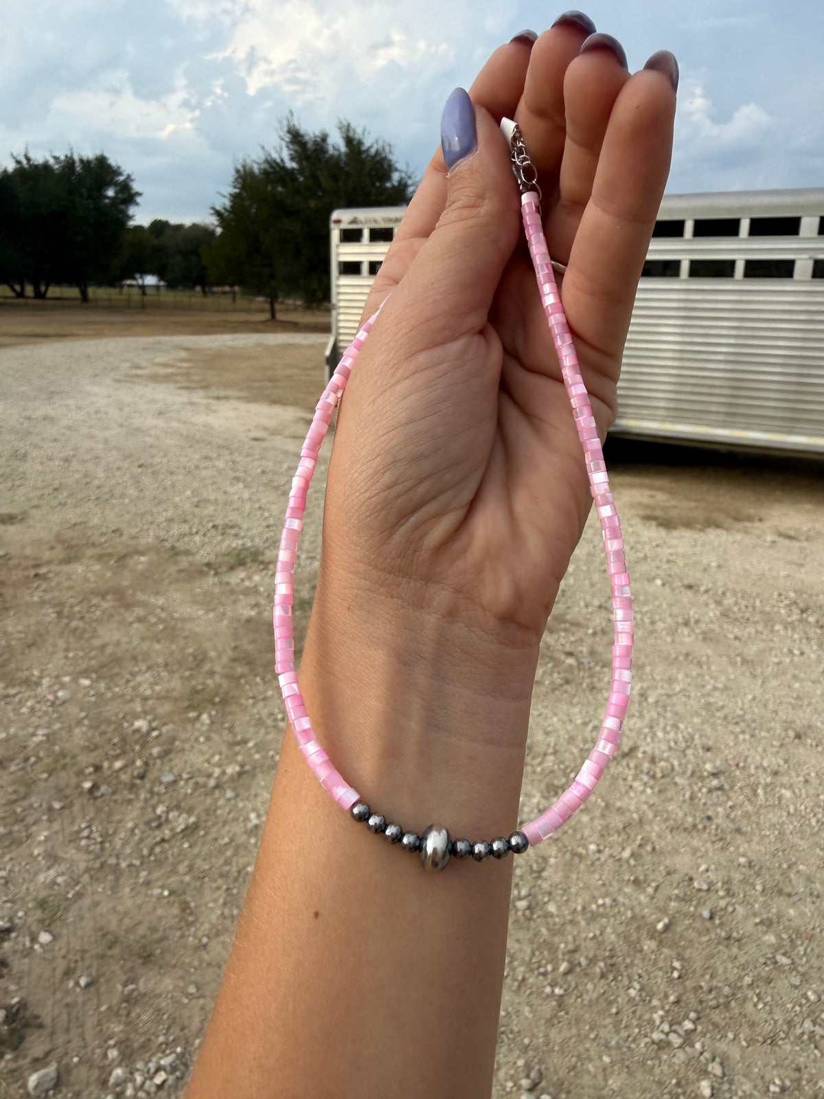 Pink Shell Heishi Necklace – 14"